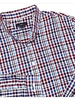 Club Room Men Large Button Up Shirt Long Sleeve Plaid Cotton Blue Maroon Casual⁠